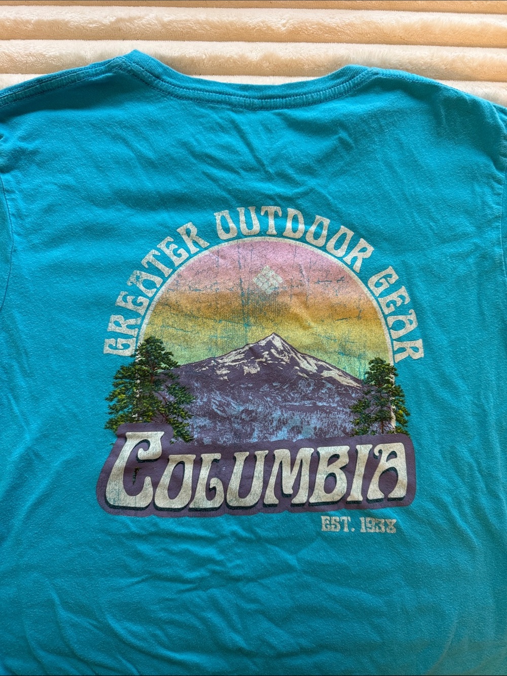 Columbia Turquoise Graphic Short-Sleeve Tee with Mountain Print on back